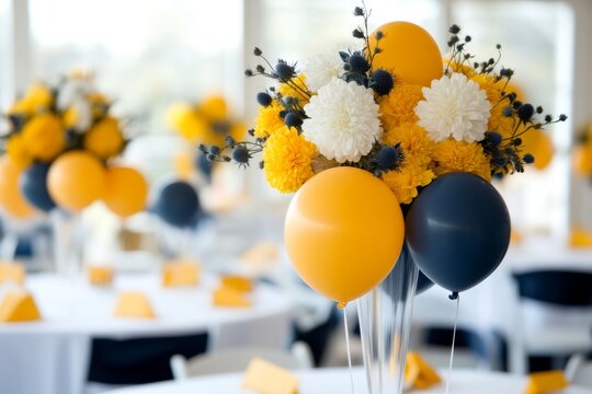 A decorated banquet hall filled with alumni celebrating a school reunion