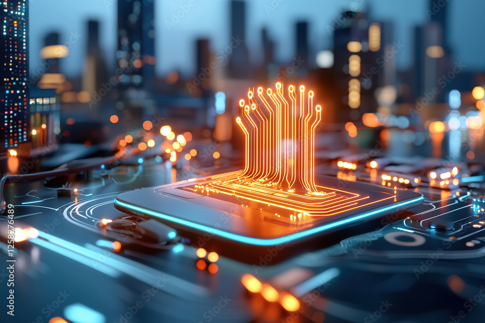 Poster futuristic ai processor with glowing circuitry. advanced technology in a smart cityscape