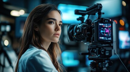Woman cinematographer filming studio production, monitors, focused