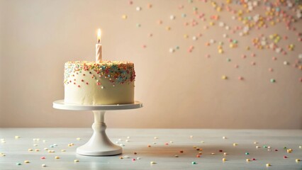 A single candle burns brightly atop a delightful vanilla cake, adorned with colorful sprinkles, elegantly presented on a pristine white cake stand, surrounded by scattered confectionery delights.