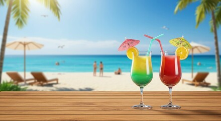 Colorful cocktails on tropical beach with palm trees and clear blue ocean