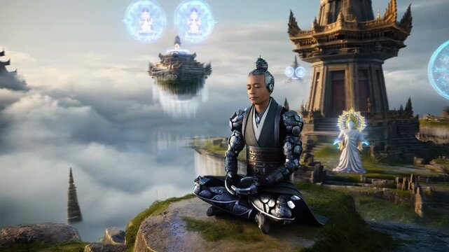 A cybernetic monks practices meditation in a blend of futuristic and vintage scenery. Ancient towers rise above the landscape while glowing, ethereal figures surround the tranquil setting