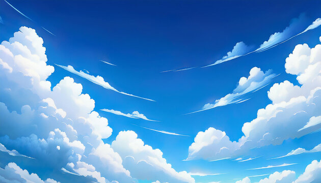 an anime background with white clouds in a blue sky
