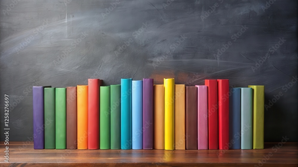 Poster a row of colorful books stands neatly arranged on a wooden shelf against a dark gray chalkboard back
