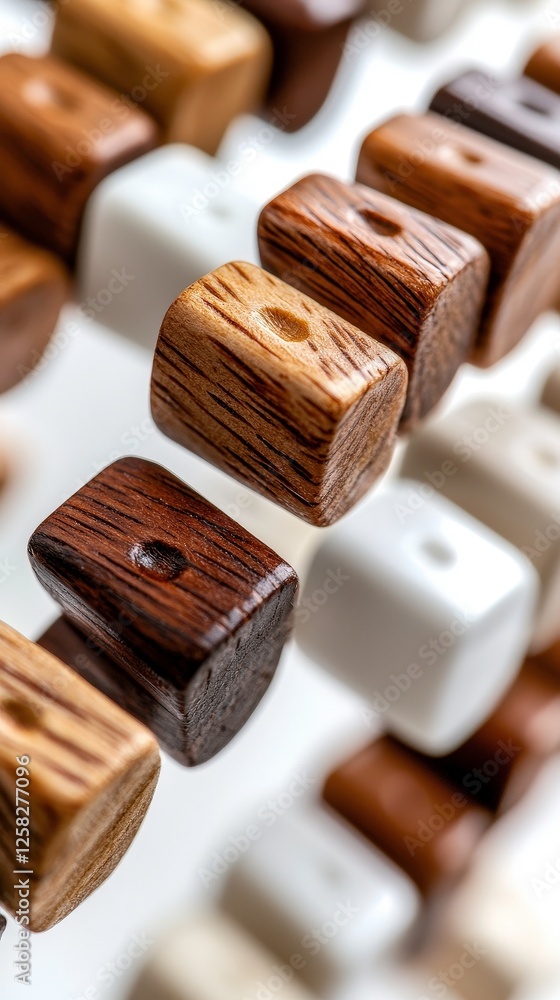 Aufkleber close up of wooden and white cylindrical objects arranged pattern, showcasing various wood textures 