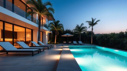 Fototapeta premium Luxury Modern Villa Night Poolside Scene with Palm Trees