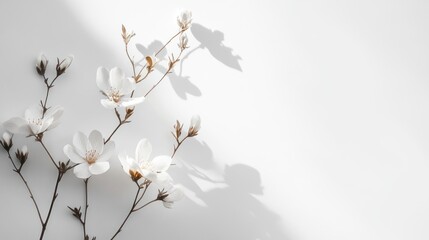 A delicate arrangement of white flowers casting soft shadows on a clean wall, creating a serene and tranquil atmosphere perfect for floral design.