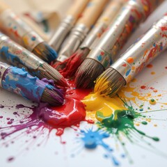 Fototapeta premium An array of colorful paintbrushes with vibrant splashes of paint on a white background symbolizing the diversity and creativity of artistic tools