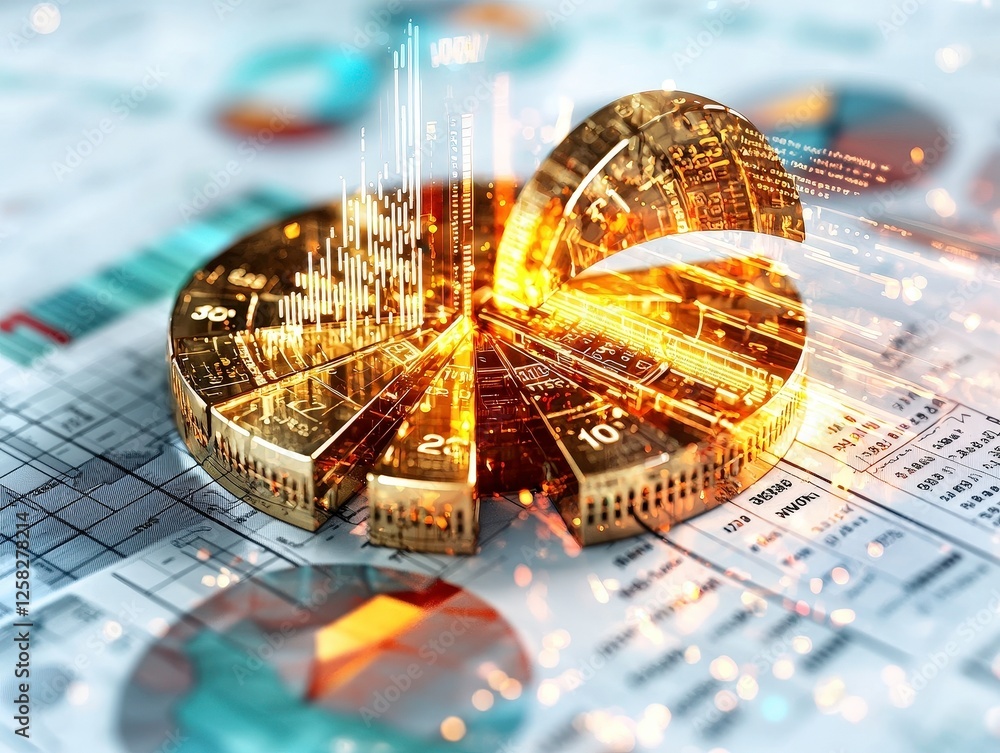 Poster golden pie chart with digital elements represents financial data analysis and economic risk. image c