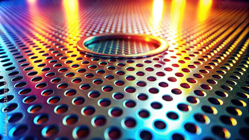 Poster abstract metallic surface with circular perforations and vivid lighting