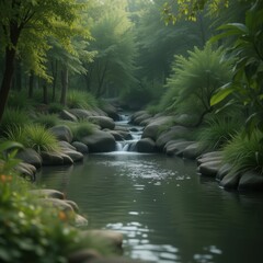 Fototapeta premium A tranquil forest scene featuring a wooden arch bridge over a calm stream surrounded by lush greenery and dappled sunlight creating a peaceful retreat