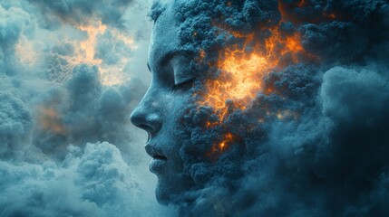 A woman's face is shown in a cloud of smoke with a fire in her eye
