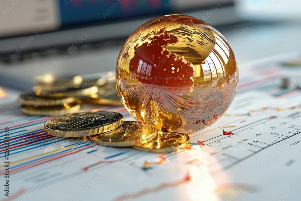 Poster golden globe and coins rest on financial charts, symbolizing global economic trends and investment s