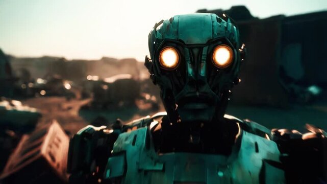 A robot stands amidst an expansive junkyard, surrounded by vintage mechanical parts and debris. The warm sunset casts dramatic shadows, creating an otherworldly atmosphere