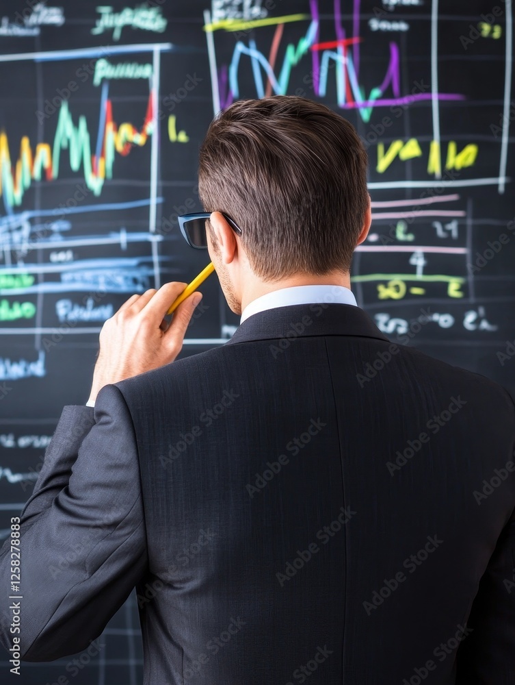 Poster business professional analyzing complex data graphs on a blackboard in a modern office setting