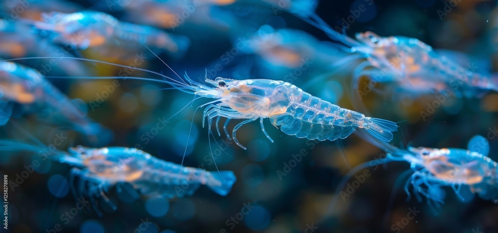 Poster a group of translucent shrimp can be seen moving elegantly through a clear blue ocean environment fi