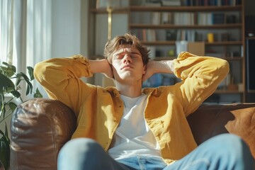 Obraz premium Guy have headache and dizzy sitting on sofa at home
