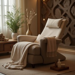 A serene living room corner featuring a comfortable armchair draped with a cozy blanket and surrounded by natural elements for a relaxing atmosphere