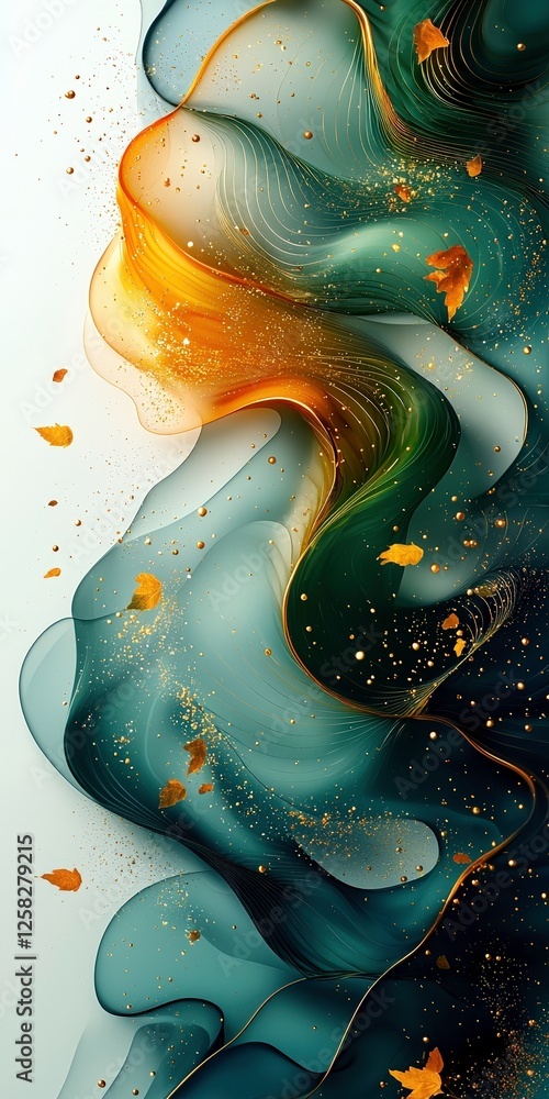 Poster elegant layered flowing waves with teal, gold, and muted colors create mesmerizing abstract design w