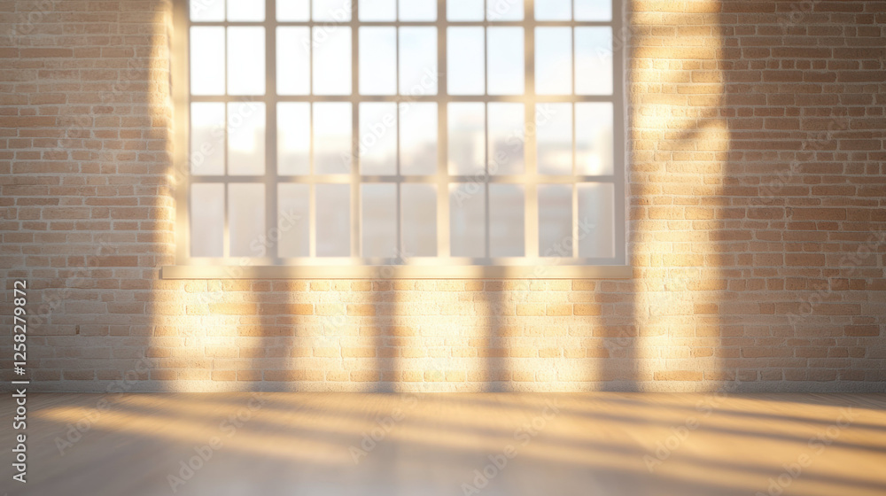 Poster sunlight streaming through large grid style window onto wooden floor in room with exposed brick wall