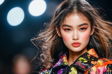 Fototapeta premium A fashion model walking down the runway, with bright flashing lights and a designer logo background