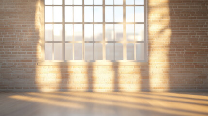 Sunlight streaming through large grid style window onto wooden floor in room with exposed brick walls, creating warm and inviting atmosphere