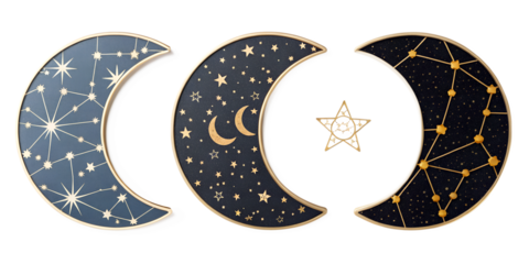 Celestial Crescent Moon with Constellations on White, Cosmic Decor, PNG Transparent