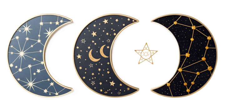Celestial Crescent Moon with Constellations on White, Cosmic Decor, PNG Transparent