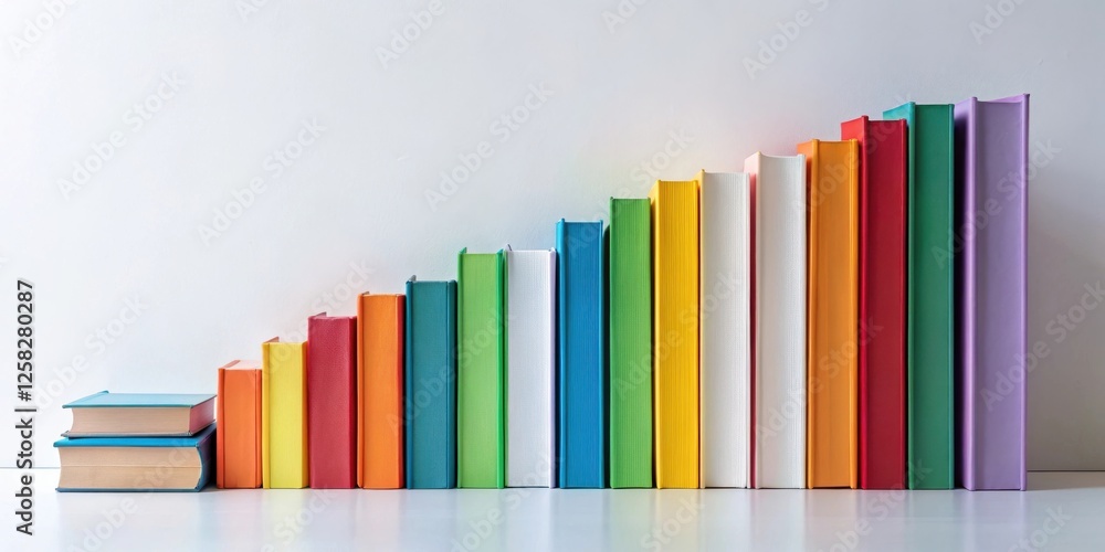 Poster a vibrant collection of colorful books arranged in an ascending staircase pattern against a simple w