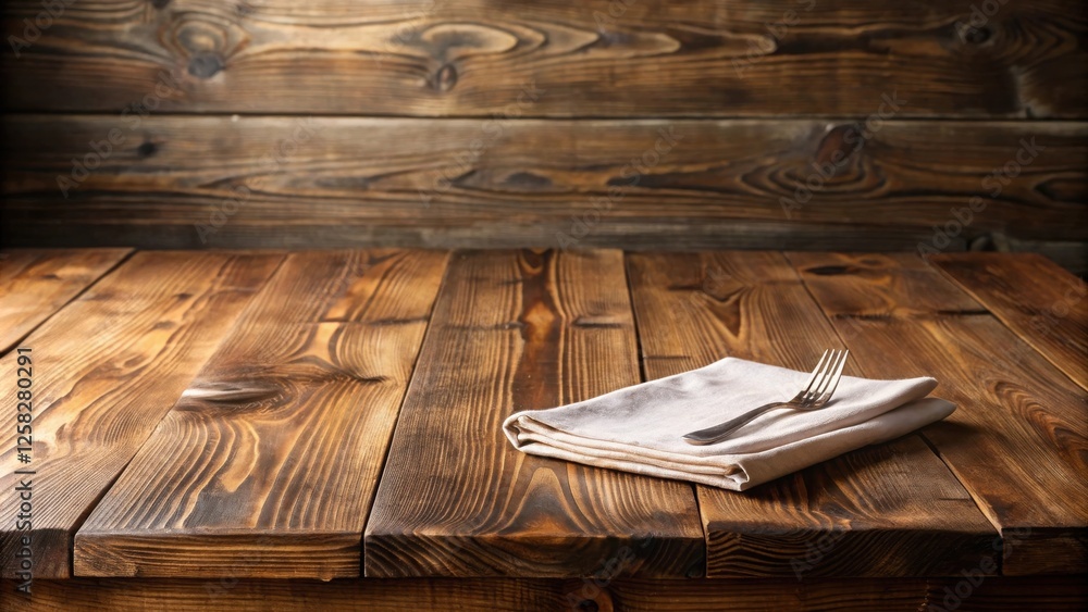 Poster rustic wooden table setting with folded linen napkin and silverware