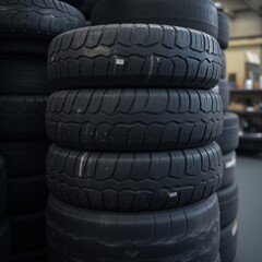 Obraz premium Stack of new tires in a warehouse highlighting the variety and quality of available options for different vehicle needs