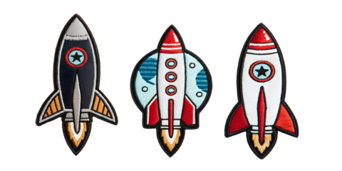 Rocket Embroidered Patch Badge on White, Space and Adventure Designs, PNG Transparent