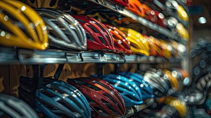 Colorful Bicycle Helmets Arranged On Shelves