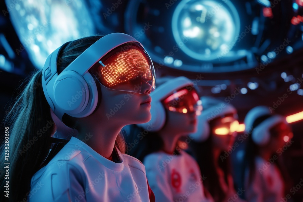 Poster a futuristic space academy where ai mentors guide students through interactive lessons to ensure max