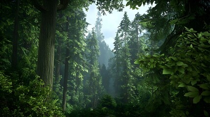 Fototapeta premium Lush Green Forest with Sunlight Filtering Through Tall Trees