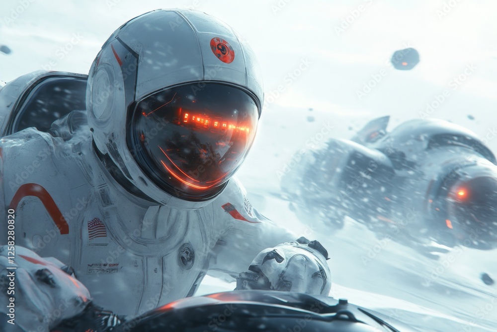 Poster a futuristic space competition where astronauts race in zero gravity, navigating through an asteroid
