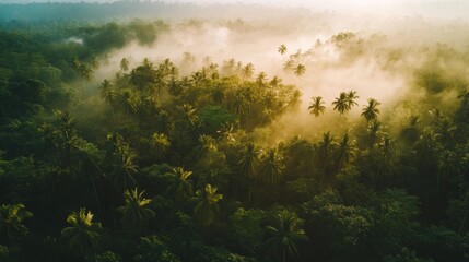Obraz premium Misty Tropical Paradise: An Aerial View of Lush Palm Trees