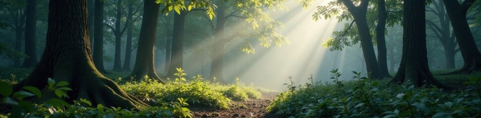 Fototapeta premium Ethereal light dances across a misty forest floor, ethereal, trees, natural light
