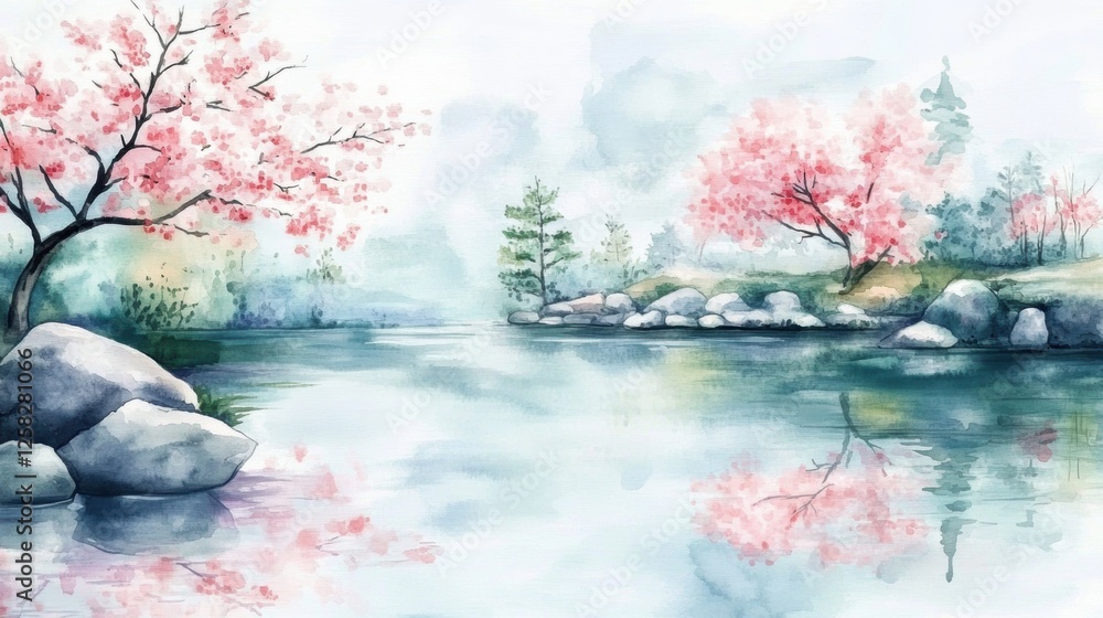 Poster tranquil cherry blossom landscape by a serene river with reflections and gentle colors during spring