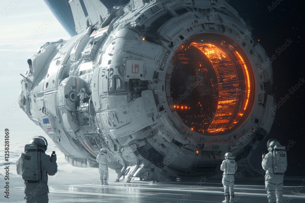 Poster a futuristic space station where astronauts are being interviewed for a mission to a new planet