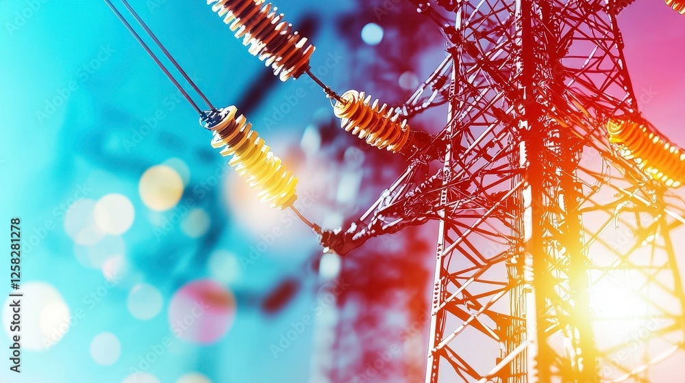 Poster close up view of electrical infrastructure with power lines and towers, showcasing energy distributi