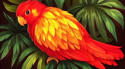 Obraz premium Vivid Tropical Parrot Portrait Amidst Verdant Foliage Lush Artistic Rendering Bird Bright Red Yellow