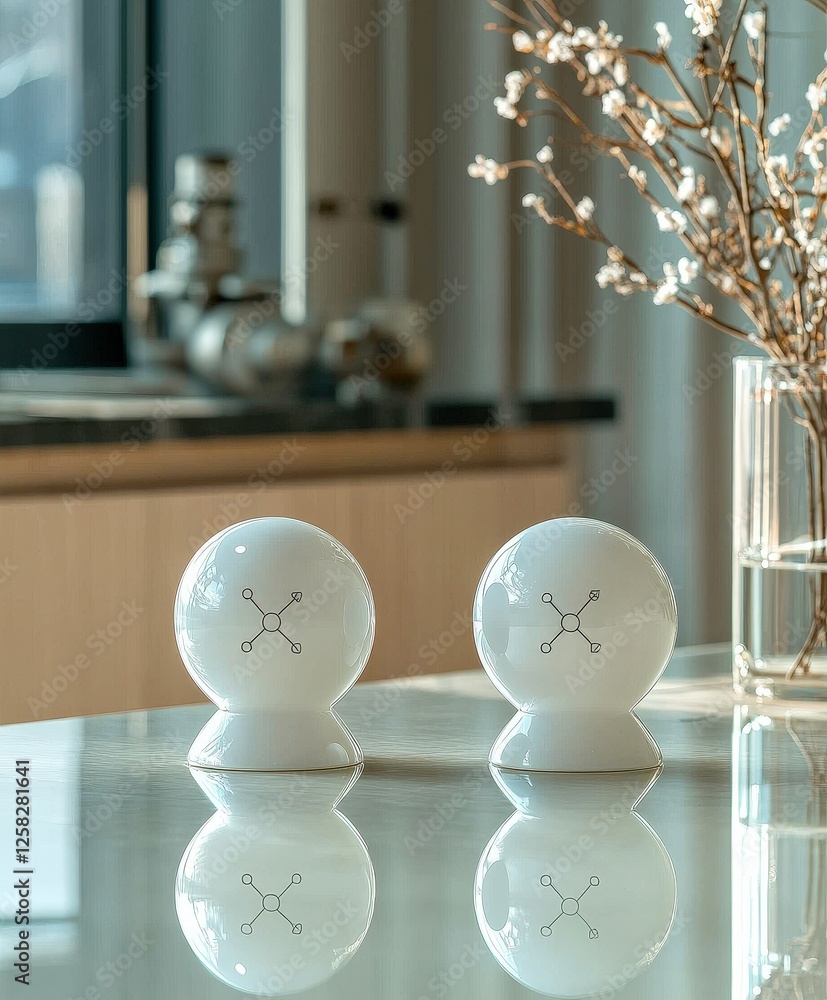 Poster two white spherical objects with molecular designs are placed reflective surface modern kitchen sett