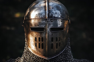 Naklejka premium A medieval iron helmet of a knight resting on the ground with a blurred forest backdrop, evoking the spirit of history and ancient battles