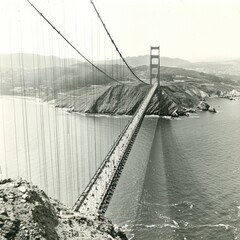 Obraz premium Iconic bridge, coastal view, construction, San Francisco bay, historical photo