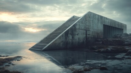 Fototapeta premium Coastal concrete structure stairway sunset reflection