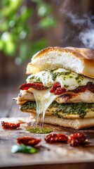 Epic grilled chicken sandwich with pesto, mozzarella, and sun-dried tomatoes in motion