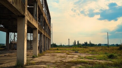 Abandoned industrial building with concrete pillars under a cloudy sky, surrounded by overgrown grass