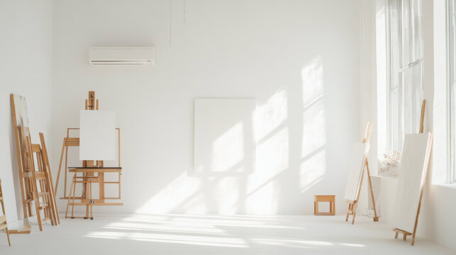 bright, minimalist art studio with wooden easels, blank canvases, and wall mounted air conditioner, bathed in natural sunlight