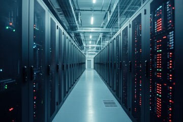 Data center server room aisle, networking infrastructure, glowing lights, technology, background pipes, for website banner
